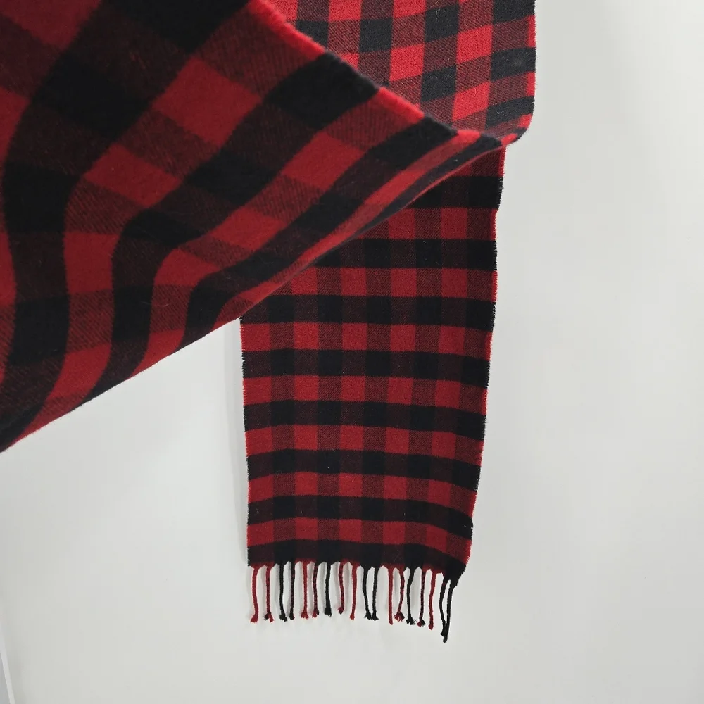 J.Crew Scarf Wool‎ Black Red Buffalo Plaid Rectangle Fringe